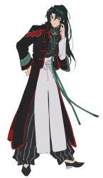 Rule 34 | 1boy, black coat, changpao, chinese clothes, coat, cosplay, curtained hair, fate/grand order, fate/samurai remnant, fate (series), green hair, hanfu, high collar, high ponytail, highres, long hair, long sleeves, male focus, orange eyes, pants, ponytail, red trim, rgb12800, simple background, smile, solo, striped clothes, striped pants, sweatdrop, tai gong wang (fate), vertical-striped clothes, vertical-striped pants, white background, zheng chenggong (fate)