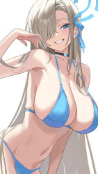Rule 34 | 1girl, asuna (blue archive), bare arms, bare legs, bare shoulders, bikini, black choker, blue archive, blue bikini, blue eyes, blue halo, blue ribbon, breasts, choker, cleavage, cowboy shot, grin, guchico, hair over one eye, hair ribbon, halo, highres, large breasts, light brown hair, long hair, mole, mole on breast, navel, ribbon, simple background, smile, solo, swimsuit, white background