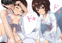Rule 34 | 10s, 1boy, 1girl, bad id, bad twitter id, bed, biting, blush, brown eyes, brown hair, clothed female nude male, ear biting, fingering, girls und panzer, hetero, japanese clothes, kimono, nishizumi maho, nksk, nude, sweat, translation request
