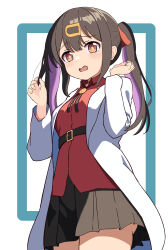 Rule 34 | 1girl, absurdres, belt, black hair, black skirt, bolo tie, brown eyes, coat, commentary, cowboy shot, hair ornament, hair ribbon, hairclip, hands up, highres, lab coat, long hair, long sleeves, looking at viewer, multicolored hair, onii-chan wa oshimai!, open clothes, open coat, open mouth, oyama mihari, pleated skirt, pogeepoge, purple hair, red ribbon, red shirt, ribbon, shirt, simple background, skirt, solo, tears, twintails, two-tone hair, wing collar