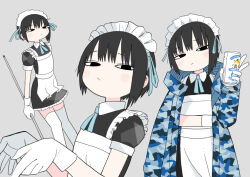 Rule 34 | 1girl, abe tomomi, apron, black eyes, black hair, bob cut, broom, camouflage, camouflage jacket, can, collared dress, dress, frills, gloves, grey background, holding, holding broom, holding can, hood, hood down, hooded jacket, jacket, looking at viewer, maid, maid apron, original, puffy short sleeves, puffy sleeves, short hair, short sleeves, simple background, solo, thighhighs, v, white gloves, white thighhighs