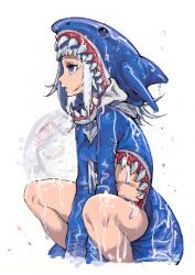 Rule 34 | 1girl, animal hood, between breasts, bloop (gawr gura), blue eyes, blunt bangs, breasts, bubble, closed mouth, dripping, fins, fish tail, gawr gura, grey hair, hololive, hololive english, hood, hood up, ireading, long hair, navel, open mouth, scar, shark hood, shark tail, sharp teeth, sketch, squatting, tail, teeth, upper teeth only, virtual youtuber, wet, white background