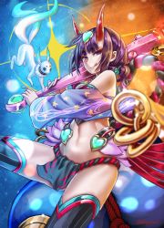 Rule 34 | 1girl, :q, abazu-red, black thighhighs, chinese clothes, club, club (weapon), commentary request, dudou, eyeliner, fate/grand order, fate (series), fox, gourd, hair bobbles, hair ornament, holding, horns, japanese clothes, kanabou, loincloth, long hair, looking at viewer, makeup, navel, purple eyes, purple hair, shuten douji (fate), shuten douji (fate/grand order), shuten douji (halloween caster) (fate), skin-covered horns, sky, smile, spiked club, star (sky), starry sky, thighhighs, tongue, tongue out, weapon, wide sleeves