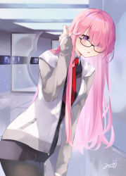 Rule 34 | 1girl, :o, absurdres, alternate hair length, alternate hairstyle, black-framed eyewear, black dress, black pantyhose, blush, collared dress, commentary request, dress, eyes visible through hair, fate/grand order, fate (series), glasses, grey jacket, hair over one eye, highres, hood, hood down, hooded jacket, indoors, jacket, long hair, long sleeves, looking at viewer, mash kyrielight, misaki346, multicolored clothes, multicolored jacket, necktie, open clothes, open jacket, pantyhose, pink hair, pocket, purple eyes, red necktie, signature, sleeves past wrists, solo, straight hair, two-tone jacket, very long hair, white jacket, zipper