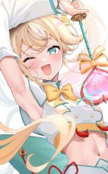 1girl aqua_eyes blonde_hair highres hololive kazama_iroha magical_girl one_eye_closed open_mouth ponytail sable_mint smile solo virtual_youtuber