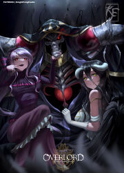 Rule 34 | 1boy, 2girls, absurdres, ahoge, ainz ooal gown, albedo (overlord), artist logo, artist name, black hair, black wings, blurry, blurry background, blurry foreground, bow, breasts, clothes pull, commentary, copyright name, crossed legs, demon girl, demon horns, double-parted bangs, dress, energy, english commentary, eye trail, fangs, fantasy, feathered wings, fingernails, foreground text, frilled dress, frilled sleeves, frills, gloves, glowing, glowing eye, gothic lolita, grabbing another&#039;s chin, hair between eyes, hair bow, hand on another&#039;s chin, hand on own face, hand up, hands up, highres, hood, hood up, hooded robe, horns, knightfang, lich, light particles, light trail, logo, lolita fashion, long dress, long hair, long sleeves, looking at viewer, looking to the side, low horns, medium breasts, multiple girls, off-shoulder dress, off shoulder, open mouth, overlord (maruyama), patreon username, pink nails, purple dress, purple hair, raised eyebrows, red eyes, ribs, robe, shalltear bloodfallen, single bare shoulder, sitting, sitting on lap, sitting on person, skeleton, skull, slit pupils, smile, split mouth, swept bangs, text focus, turning head, vampire, very long hair, watermark, white dress, white gloves, white horns, wings, yellow eyes