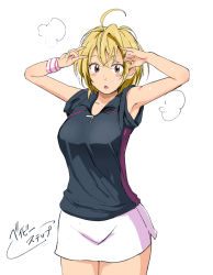 Rule 34 | 1girl, :&lt;, \m/, \n/, armpits, baby steps, bad id, bad pixiv id, blush stickers, brown eyes, copyright name, hair between eyes, looking at viewer, open mouth, short hair, simple background, skirt, solo, special g (spg), sportswear, steam, takasaki natsu, tennis uniform, translation request, white background, wristband