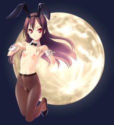 Rule 34 | 1girl, animal ears, armpits, bow, bowtie, brown hair, rabbit ears, cuffs, flat chest, full moon, highres, moon, nipples, no panties, norizou type-r, original, pantyhose, red eyes, solo, topless, wrist cuffs