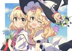Rule 34 | 2girls, absurdres, alice margatroid, blonde hair, blue dress, blue flower, blue sky, book, bow, braid, capelet, commentary, doll, dress, flower, hair bow, hair flower, hair ornament, hairband, hat, highres, holding, holding flower, kirisame marisa, long hair, multiple girls, natsu (tohotiara), pink flower, shanghai doll, short hair, single braid, sky, smile, symbol-only commentary, touhou, white bow, witch hat, yellow eyes
