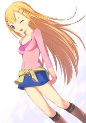 Rule 34 | 00s, 1girl, ;d, arms behind back, blonde hair, blue eyes, blue skirt, clothes around waist, collarbone, floating hair, gundam, gundam 00, hair ornament, hairclip, long hair, looking at viewer, louise halevy, one eye closed, open mouth, simple background, skirt, smile, solo, standing, uni (plastic girl), very long hair, white background, wind