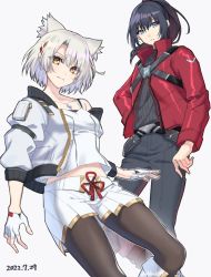 Rule 34 | 1boy, 1girl, animal ears, black hair, blue eyes, breasts, camisole, cat ears, chest jewel, hair tie, jacket, leggings, long hair, looking at viewer, mio (xenoblade), noah (xenoblade), pantyhose, pleated skirt, ponytail, red jacket, shinae, short hair, shoulder strap, simple background, skirt, small breasts, tank top, white camisole, white hair, white jacket, white skirt, white tank top, xenoblade chronicles (series), xenoblade chronicles 3, yellow eyes