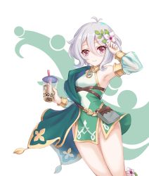 Rule 34 | 1girl, antenna hair, arm up, bare shoulders, bell (angelicalary), blue sleeves, breasts, bubble tea, closed mouth, commentary request, cup, detached sleeves, disposable cup, dress, drinking straw, flower, hair between eyes, hair flower, hair ornament, highres, holding, holding cup, kokkoro (princess connect!), long sleeves, princess connect!, puffy long sleeves, puffy sleeves, purple eyes, see-through, see-through sleeves, silver hair, sleeveless, sleeveless dress, small breasts, smile, solo, white background, white dress, white flower