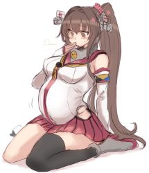 Rule 34 | 1girl, asymmetrical legwear, big belly, bloated, breasts, brown eyes, brown hair, burp, detached sleeves, elbow gloves, female admiral (kancolle), full body, giant, giantess, gloves, hair intakes, hand to own mouth, headgear, height difference, hip vent, kantai collection, kneeling, large breasts, long hair, pleated skirt, simple background, single thighhigh, size difference, skirt, solo, stomach bulge, thighhighs, uneven legwear, utopia, very long hair, vore, white background, white headwear, yamato (kancolle)