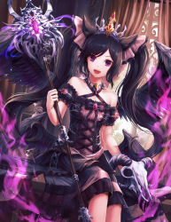 Rule 34 | 1girl, :d, animal ears, aura, bad id, bad pixiv id, bare shoulders, black dress, black hair, black wings, breasts, commentary, cross-laced clothes, curtains, dress, hair ribbon, highres, holding, indoors, long hair, looking at viewer, low wings, lunacle, medium breasts, open mouth, original, purple eyes, ribbon, sitting, skull, smile, solo, staff, tiara, twintails, window, wings