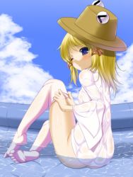 Rule 34 | 1girl, blonde hair, blue eyes, blush, bottomless, cloud, day, feet, female focus, hat, highres, moriya suwako, naked shirt, no shoes, one eye closed, open mouth, shirt, short hair, sitting, sky, soles, solo, thighhighs, toes, toron (mino106), touhou, wet, white thighhighs, wink