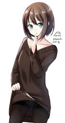 Rule 34 | 1girl, blue eyes, blush, brown hair, brown pantyhose, brown sweater, closed mouth, clothes lift, collarbone, commentary request, ears visible through hair, hand to own mouth, hand up, highres, holding, looking at viewer, nekobaka, original, pantyhose, short hair, solo, standing, sweater, sweater lift, twitter username, v-neck, white background