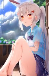 Rule 34 | 1girl, absurdres, alternate costume, ass, ayanami (azur lane), azur lane, barefoot, blue sky, blurry, bow, bowtie, cloud, cloudy sky, collared shirt, commentary request, contemporary, depth of field, flower, grey hair, hair between eyes, hair ornament, hairclip, headgear, highres, knees to chest, knees up, long hair, looking at viewer, orange eyes, parted lips, plaid, plaid skirt, pleated skirt, retrofit (azur lane), school uniform, see-through, shirt, short sleeves, sidelocks, sironora, skirt, sky, solo, thighs, twintails, wet, wet clothes