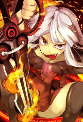 Rule 34 | 1girl, agria (tales), albino, black thighhighs, dress, fire, hayasino, long hair, magic circle, red dress, red eyes, skirt, solo, sword, tales of (series), tales of xillia, thighhighs, thumbs down, tongue, weapon, white hair