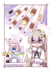 Rule 34 | 2girls, angel wings, anger vein, blonde hair, blue archive, buttons, cake, capelet, chibi, chikuwa, comic, commentary request, cup, double-breasted, dress, false smile, feathered wings, flower, food, gun, hair flower, hair ornament, halo, handgun, harada (sansei rain), highres, holding, holding cup, holding saucer, holster, holstered, long hair, long sleeves, makizushi, mika (blue archive), multiple girls, nagisa (blue archive), open mouth, pink hair, plastic bottle, prank, saucer, scrunchie, shaded face, silent comic, sleeveless, sleeveless dress, smell, smile, soy sauce, speed lines, sushi, swiss roll, table, teacup, teapot, tearing up, translated, very long hair, weapon, white capelet, white dress, white wings, wings, wrist scrunchie