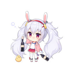 Rule 34 | 1girl, animal, animal ears, azur lane, bare shoulders, bird, blush, boots, bottle, breasts, camisole, chibi, chick, closed mouth, collarbone, commentary request, flying sweatdrops, full body, fur-trimmed jacket, fur trim, hair ornament, hairband, hand up, holding, holding bottle, jacket, laffey (azur lane), long hair, long sleeves, off shoulder, open clothes, open jacket, pink jacket, pleated skirt, rabbit ears, red eyes, red hairband, red skirt, silver hair, simple background, skirt, sleeves past fingers, sleeves past wrists, small breasts, solo, standing, thighhighs, thighhighs under boots, twintails, very long hair, white background, white camisole, white footwear, white thighhighs, wide sleeves, yada (xxxadaman)