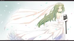 Rule 34 | 10s, 1girl, bare shoulders, blush, breasts, bridal veil, confetti, crescent, crescent hair ornament, dress, elbow gloves, eyebrows, flowing dress (dq), frilled dress, frills, from side, gloves, gradient background, green eyes, green hair, hair between eyes, hair ornament, heavens thunder (byakuya-part2), highres, holding, kantai collection, letterboxed, long hair, looking at viewer, looking back, matching hair/eyes, nagatsuki (kancolle), small breasts, solo, strapless, strapless dress, turret, twitter username, veil, very long hair, wedding dress, white dress, white gloves