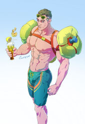 Rule 34 | 1boy, abs, aqua male swimwear, artist name, bara, cup, drinking straw, evinist, eyewear on head, food, fruit, gradient background, grey hair, holding, holding cup, innertube, large pectorals, male focus, male swimwear, multicolored hair, muscular, muscular male, navel, nipples, overwatch, overwatch 1, pectorals, short hair, sigma (overwatch), simple background, solo, sunglasses, swim ring, topless male, two-tone hair