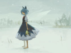 Rule 34 | 1girl, barefoot, bow, cirno, dress, female focus, frog, hair bow, ice, iwamoto zerogo, nature, outdoors, perfect cherry blossom, short hair, sky, snow, snowing, solo, touhou, wings