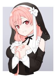 Rule 34 | 1girl, blush, border, breasts, clothing cutout, cross, flower, grey background, habit, hair flower, hair ornament, head tilt, highres, indie virtual youtuber, inverted cross, inverted cross earrings, korean commentary, large breasts, long hair, looking at viewer, nini yuuna, nun, outside border, own hands clasped, own hands together, parted lips, pink hair, red eyes, shoulder cutout, sizeaton, smile, solo, upper body, veil, virtual youtuber, white border, white flower