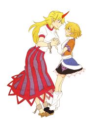 Rule 34 | 2girls, 6 (yuchae), arm warmers, blonde hair, blush, cuffs, eye contact, green eyes, hand on own hip, highres, holding hands, horns, hoshiguma yuugi, looking at another, mizuhashi parsee, multiple girls, pointy ears, red eyes, sash, shackles, shirt, simple background, single horn, skirt, standing on person, touhou, white background