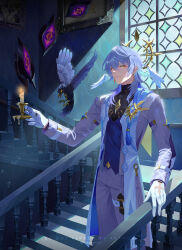 Rule 34 | 1boy, bird, blue shirt, candle, coat, commentary, cowboy shot, gloves, grey coat, grey hair, grey pants, head wings, highres, holding, holding candle, honkai: star rail, honkai (series), kimyeen, long hair, looking at viewer, open clothes, open coat, pants, railing, shirt, solo, stairs, standing, sunday (honkai: star rail), white gloves, window, wings