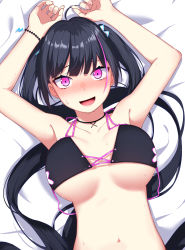 Rule 34 | 1girl, :d, ahoge, armpits, arms up, bare arms, bare shoulders, bed sheet, bikini, black bikini, black hair, blush, bracelet, breasts, breasts apart, choker, halterneck, halterneck, highres, ichiki 1, jewelry, large breasts, long hair, looking at viewer, lying, multicolored hair, navel, nose blush, on back, open mouth, original, pink eyes, smile, solo, stomach, streaked hair, sweat, swimsuit, twintails, upper body, very long hair