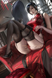 Rule 34 | 1boy, 1girl, ada wong, artist name, ass, black choker, black footwear, black gloves, black hair, black thighhighs, breasts, chair, china dress, chinese clothes, chinese zodiac, choker, cleavage, dress, garter straps, gloves, high heels, holding, holding whip, holster, leon s. kennedy, looking at viewer, medium breasts, panties, parted lips, patreon username, red dress, red panties, resident evil, sakimichan, short hair, signature, sitting, solo focus, thigh holster, thighhighs, underwear, watermark, web address, whip, year of the tiger