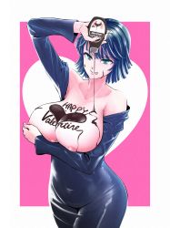 Rule 34 | &gt;:p, 1girl, :p, arm up, black dress, black hair, border, bottle, breast hold, breasts, breasts out, bust cup, chocolate, chocolate on body, chocolate on breasts, covered navel, cowboy shot, dress, dripping, fingernails, food on body, fubuki (one-punch man), green eyes, happy valentine, heart, huge breasts, kiyosumi hurricane, long dress, long sleeves, looking at viewer, off shoulder, one-punch man, outside border, pouring, short hair, skin tight, solo, tongue, tongue out, v-shaped eyebrows, white border