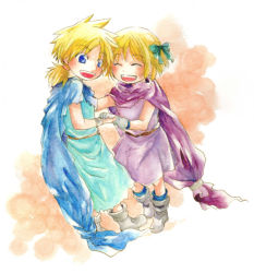 Rule 34 | 1boy, 1girl, blonde hair, blue eyes, blush, boots, bow, brother and sister, cape, closed eyes, colored pencil (medium), dancing, dragon quest, dragon quest v, gloves, hair bow, hero&#039;s daughter (dq5), hero&#039;s son (dq5), hetero, holding hands, nib pen (medium), painting (medium), short hair, short ponytail, siblings, simple background, sketch, smile, traditional media, twins, watercolor (medium), zunko