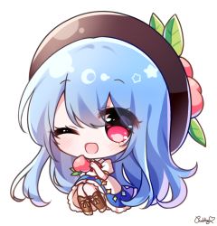 Rule 34 | 1girl, artist name, black hat, blue hair, blue skirt, blush, boots, brown footwear, food, fruit, hair between eyes, hat, highres, hinanawi tenshi, holding, holding food, holding fruit, long hair, one eye closed, open mouth, peach, pudding (skymint 028), puffy short sleeves, puffy sleeves, rainbow order, red eyes, shirt, short sleeves, signature, simple background, skirt, smile, solo, touhou, white background, white shirt