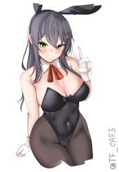Rule 34 | 1girl, animal ears, black gloves, black hair, black leotard, breasts, cowboy shot, cropped legs, detached collar, gloves, hair ornament, hairclip, highres, kantai collection, large breasts, leotard, long hair, neck ribbon, one-hour drawing challenge, oyashio (kancolle), pantyhose, playboy bunny, rabbit ears, red ribbon, ribbon, simple background, solo, strapless, strapless leotard, tf cafe, twitter username, v, white background, yellow eyes
