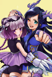 Rule 34 | 2girls, :o, ;d, ass, bare shoulders, bat wings, black hair, blue dress, blue eyes, blush, braid, cat hair ornament, china dress, chinese clothes, claws, double bun, dragon girl, dragon horns, dress, fingerless gloves, fins, gloves, hair bun, hair ornament, haku (p&amp;d), head fins, holding hands, horns, interlocked fingers, karin (p&amp;d), long hair, multicolored hair, multiple girls, one eye closed, open mouth, purple eyes, purple hair, puzzle &amp; dragons, rabuka, ribbon, simple background, smile, sparkle, tail, tail ornament, tail ribbon, thighhighs, tiger tail, twin braids, two-tone hair, white hair, wings, yellow background