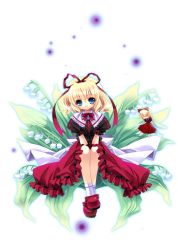 Rule 34 | 1girl, bad id, bad pixiv id, blonde hair, blue eyes, capura lin, doll, dress, female focus, flying, full body, leaf, looking at viewer, medicine melancholy, puffy short sleeves, puffy sleeves, red dress, short hair, short sleeves, simple background, sitting, size difference, solo, su-san, touhou, white background, wings