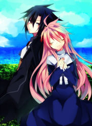 Rule 34 | 1boy, 1girl, ahoge, black hair, blush, closed eyes, day, dress, hair between eyes, leaning on person, lololotton, long hair, long sleeves, nun, outdoors, pink hair, pointy ears, red eyes, sitting, spiked hair, traditional nun