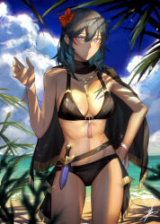 Rule 34 | 1girl, bikini, black bikini, black capelet, blue eyes, blue hair, blue sky, breasts, byleth (female) (fire emblem), byleth (female) (summer) (fire emblem), byleth (fire emblem), capelet, cleavage, closed mouth, cloud, collarbone, cowboy shot, dagger, day, fire emblem, fire emblem: three houses, fire emblem heroes, flower, glint, groin, hair between eyes, hair flower, hair ornament, hand on own hip, hand up, highres, jewelry, knife, long hair, looking at viewer, medium breasts, midriff, navel, necklace, nintendo, ocean, official alternate costume, outdoors, palm leaf, shadow, sheath, sheathed, sidelocks, signature, single bare shoulder, sky, smile, solo, standing, swimsuit, toho10min, waist cape, weapon, wrist wrap