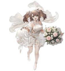 Rule 34 | 1girl, azur lane, blush, bouquet, breasts, brown hair, detached sleeves, dress, flower, frills, green eyes, highres, large breasts, long hair, looking at viewer, mkiiiiii, official alternate costume, official art, open mouth, solo, thighhighs, transparent background, twintails, wedding dress, white dress, york (azur lane), york (oath of purity) (azur lane)