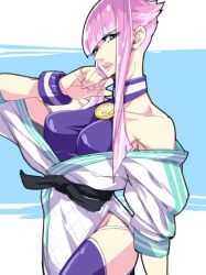 Rule 34 | 1girl, bare shoulders, blue eyes, dougi, hime cut, hip vent, ichimat77760628, looking at viewer, manon legrand, martial arts belt, off shoulder, pink hair, street fighter, street fighter 6, wristband