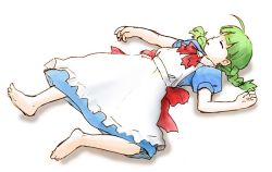 Rule 34 | 1girl, ahoge, apron, barefoot, blue dress, blunt bangs, bow, bowtie, braid, closed eyes, dress, frilled apron, frills, full body, green hair, long hair, lying, me-tan, on back, os-tan, puffy short sleeves, puffy sleeves, red bow, red bowtie, short hair, short sleeves, simple background, sleeping, solo, spread legs, twin braids, white apron, white background