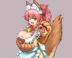 Rule 34 | 1girl, @ @, animal ears, bell, blush, breasts, cleavage, collar, fangs, fate/grand order, fate (series), fox, fox ears, fox tail, grey background, hair ribbon, hohehuni, large breasts, long hair, looking at viewer, neck bell, open mouth, pink hair, ribbon, simple background, solo, tail, tamamo (fate), tamamo cat (fate), tamamo cat (third ascension) (fate), tamamo no mae (fate/extra), yellow eyes