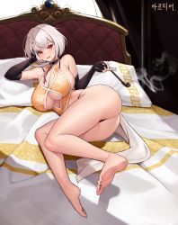 Rule 34 | 1girl, absurdres, artier&#039;s character, ass, bed, black panties, blade &amp; soul, blush, breasts, cleavage, cleavage cutout, clothing cutout, dress, elbow gloves, feet, fingerless gloves, gloves, halter dress, halterneck, highres, holding, holding smoking pipe, medium hair, mole, mole on breast, mole under eye, panties, pelvic curtain, pillow, red eyes, sbbs, silver hair, smoking pipe, soles, solo, toes, underboob, underwear