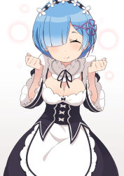 Rule 34 | 1girl, ^ ^, absurdres, apron, black bow, black dress, black hairband, black ribbon, black sleeves, blue hair, blunt bangs, blush, bow, breasts, choker, cleavage, clenched hands, closed eyes, closed mouth, commentary request, detached sleeves, dress, flower, frilled apron, frilled choker, frilled dress, frilled sleeves, frills, hair flower, hair ornament, hair over one eye, hairband, hands up, highres, large breasts, maid, miu (angelo whitechoc), purple ribbon, re:zero kara hajimeru isekai seikatsu, rem (re:zero), ribbon, short hair, simple background, smile, solo, standing, white apron, white background, white bow, white choker, white flower, wide sleeves, x hair ornament