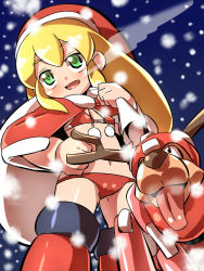 Rule 34 | 1girl, blonde hair, blush, boots, bra, breasts, breath, capcom, capelet, child, dog, flat chest, green eyes, hand on own hip, hat, holding, horns, long hair, mega man (classic), mega man (series), midriff, navel, night, open mouth, outdoors, panties, popporunga, red panties, roll (mega man), rush (mega man), sack, santa hat, snow, snowing, standing, underwear