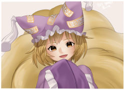 Rule 34 | 1girl, :d, alternate color, animal hat, artist name, bad id, bad pixiv id, blonde hair, dated, fox tail, gotou (nekocat), hands in opposite sleeves, hat, long sleeves, mob cap, multiple tails, open mouth, mob cap, short hair, smile, solo, tail, tassel, touhou, wide sleeves, yakumo ran, yellow eyes
