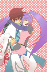 Rule 34 | 1boy, 1girl, asbel lhant, bad id, bad pixiv id, blue eyes, brown hair, carrying, josei (rata5emi5), long hair, princess carry, purple hair, smile, sophie (tales), tales of (series), tales of graces, twintails