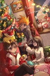 Rule 34 | 1girl, 2boys, bad id, bad pixiv id, bauble, blue oak, brown eyes, brown hair, chair, christmas, christmas ornaments, christmas tree, closed mouth, commentary request, creatures (company), curtains, dated, game freak, gen 1 pokemon, highres, holding, indoors, leaf (pokemon), long sleeves, merry christmas, mr. mime, multiple boys, nintendo, on head, pants, pikachu, pokemon, pokemon (creature), pokemon frlg, pokemon on head, red (pokemon), short hair, sitting, slowpoke, smile, sumeragi1101, sweater, window